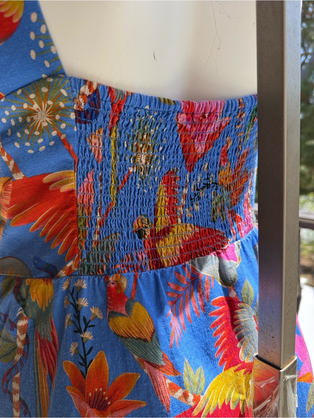 Farm Rio dress mini Blue pockets Tropical parrots Sundress linen-Ruffle hem - XL - Picture 10 of 17